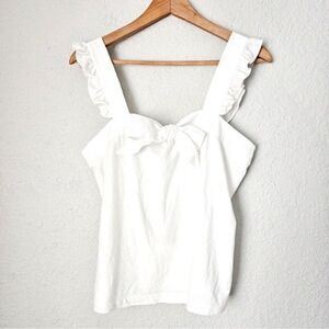 J Crew White Ruffle Sleeve Bow Tank Top Blouse Cotton & Linen Blend Large